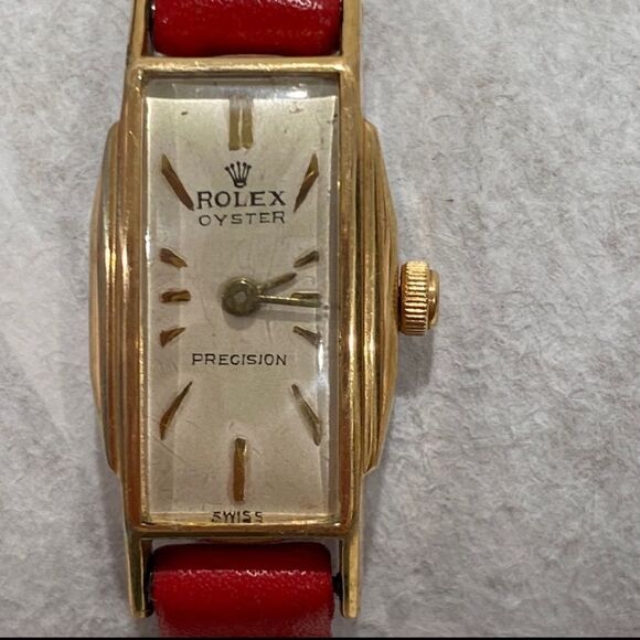 Rolex Vintage Swiss Oyster Perpetual Yellow Gold Red Leather Strap Women's Watch - Picture 15 of 17
